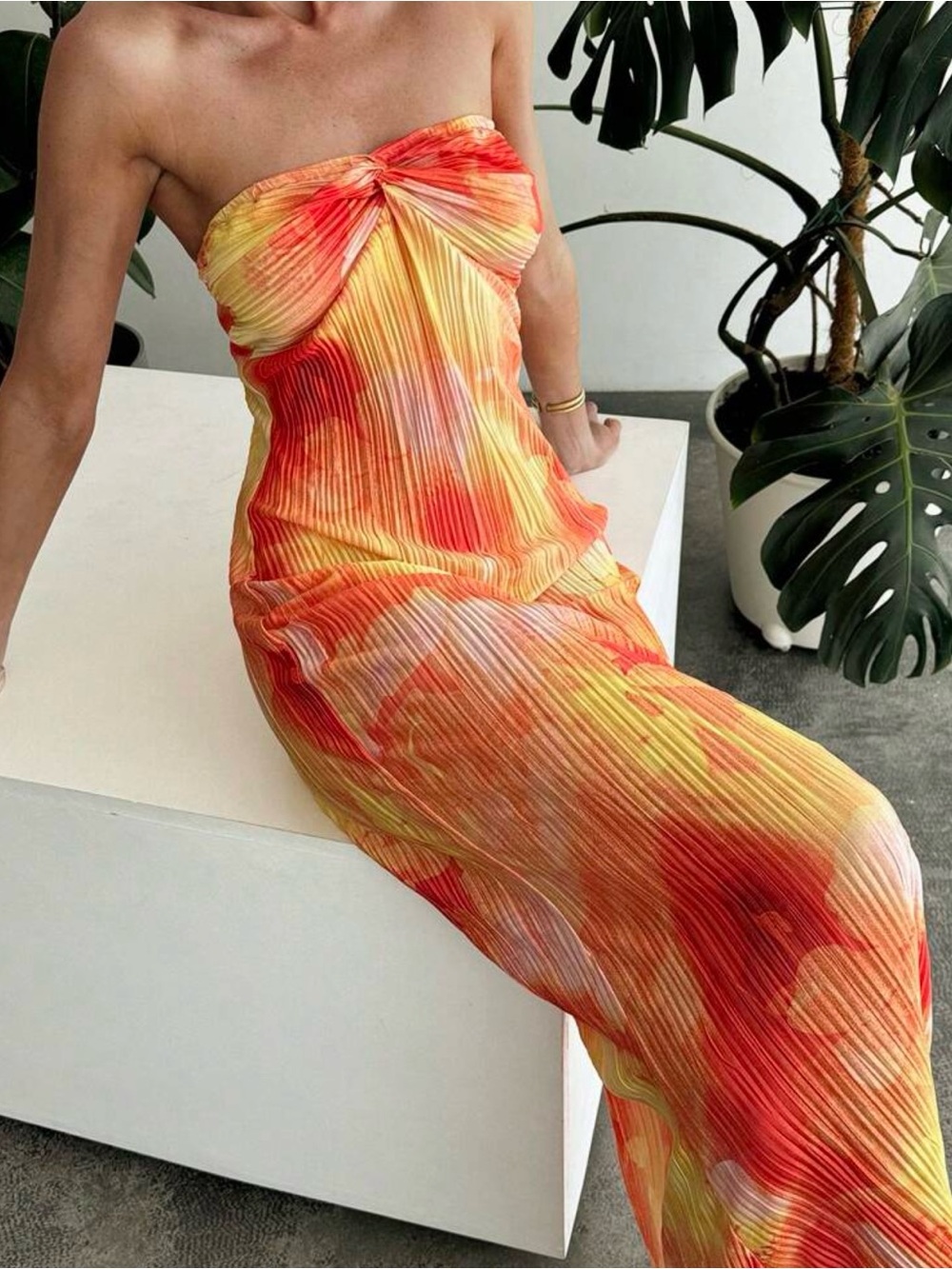Vibrant Orange & Yellow Strapless Maxi Dress